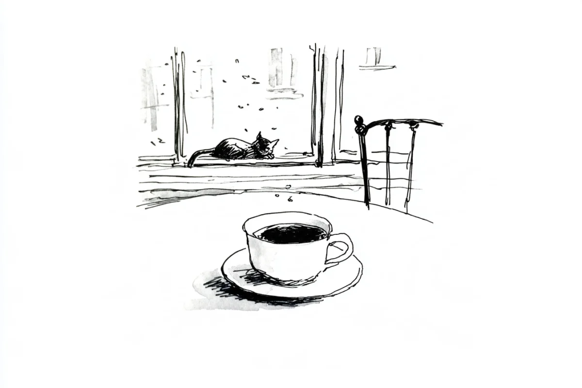An ink drawing of coffee by a rain-streaked window, with a cat sleeping on the sill