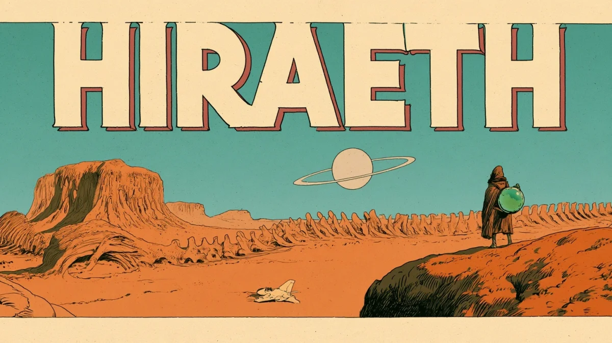 Hiraeth artwork: a lone traveller crosses an ochre desert beneath a ringed planet