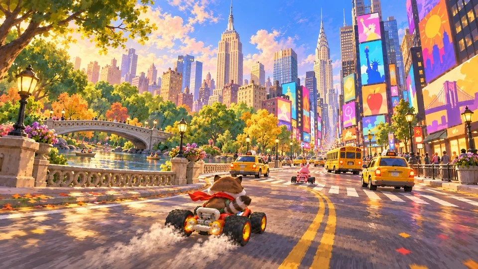 New York Rush track reference: animal racers drift past Central Park, yellow taxis, and the Manhattan skyline