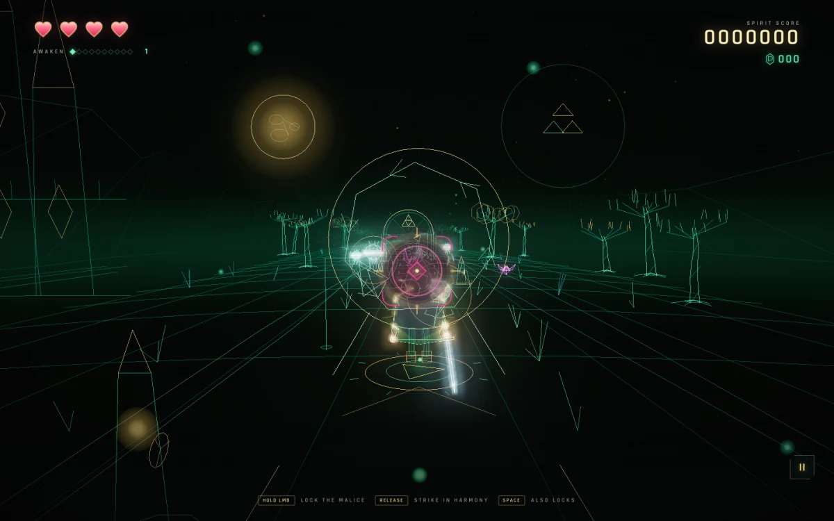 REZ: HYRULE gameplay: the glowing hero targets enemies along green wireframe rails
